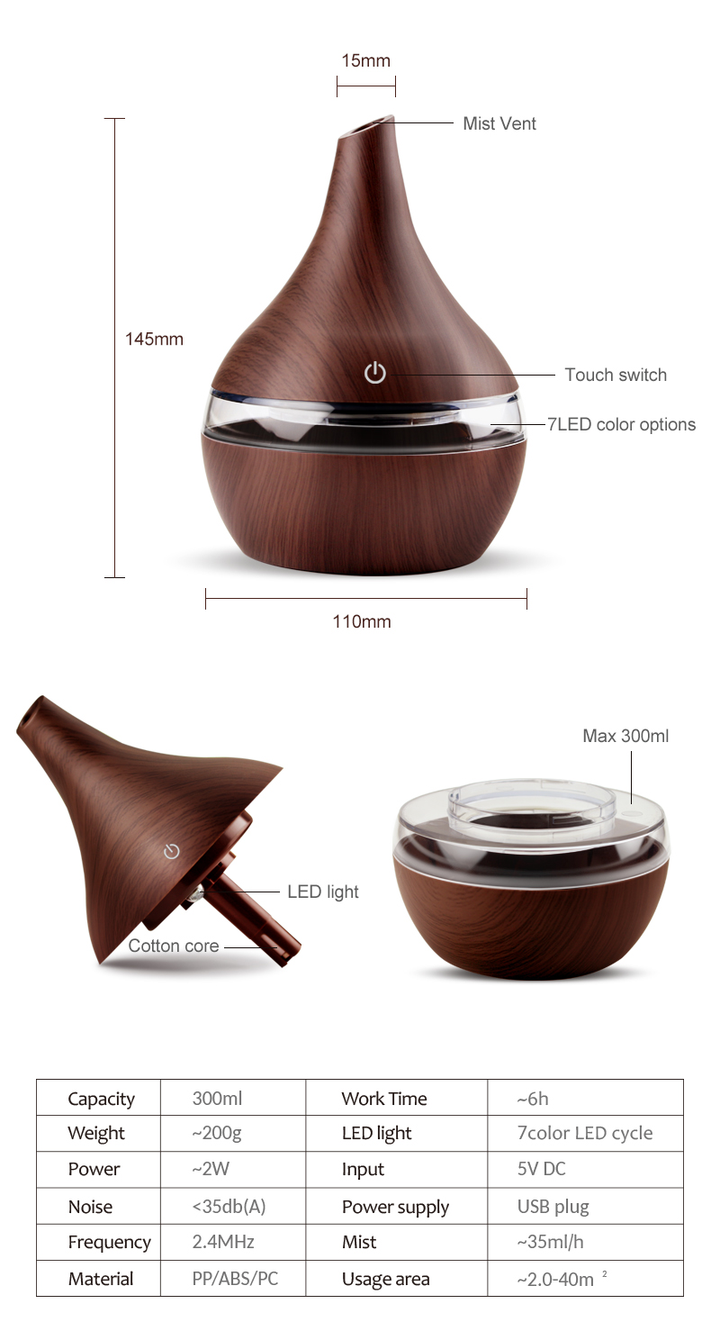300ML USB Electric Aroma Air Diffuser Wood Ultrasonic Air Humidifier Essential Oil Aromatherapy Cool Mist Maker For Home