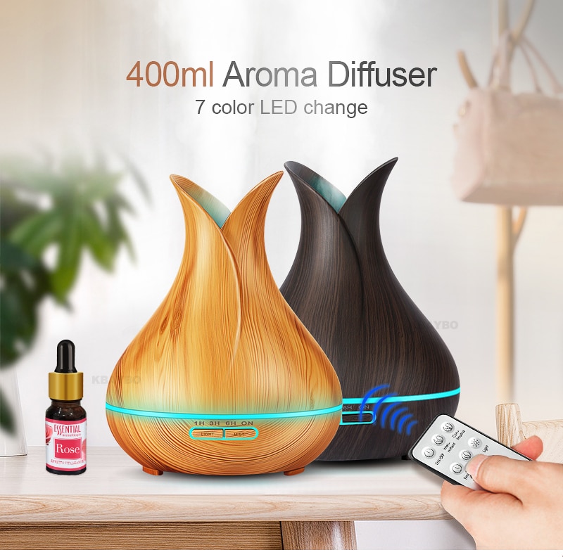 400 ml Ultrasonic Air Humidifier Aroma Essential Oil  Diffuser with Wood Grain 7 Color Changing LED Lights for Office Home