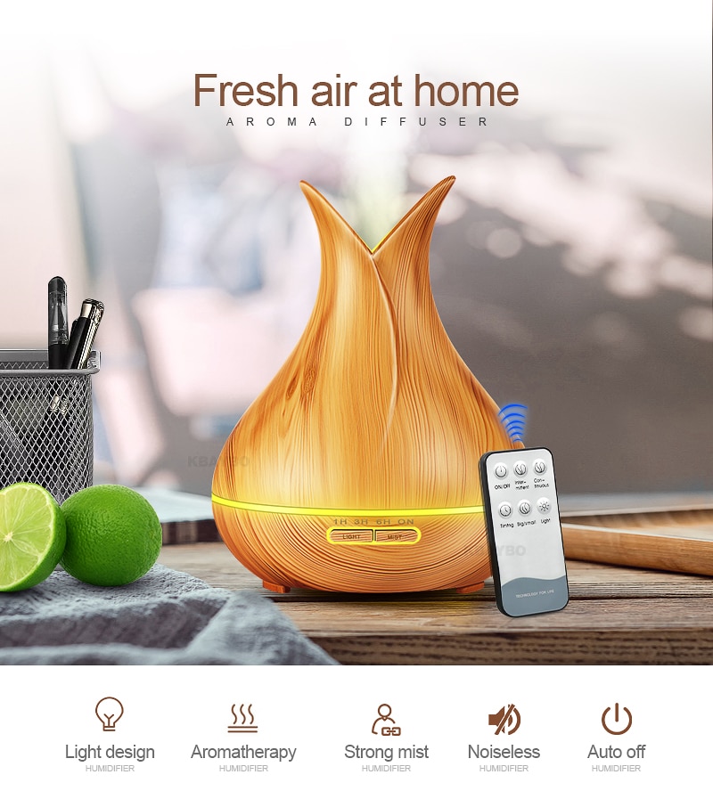 400 ml Ultrasonic Air Humidifier Aroma Essential Oil  Diffuser with Wood Grain 7 Color Changing LED Lights for Office Home