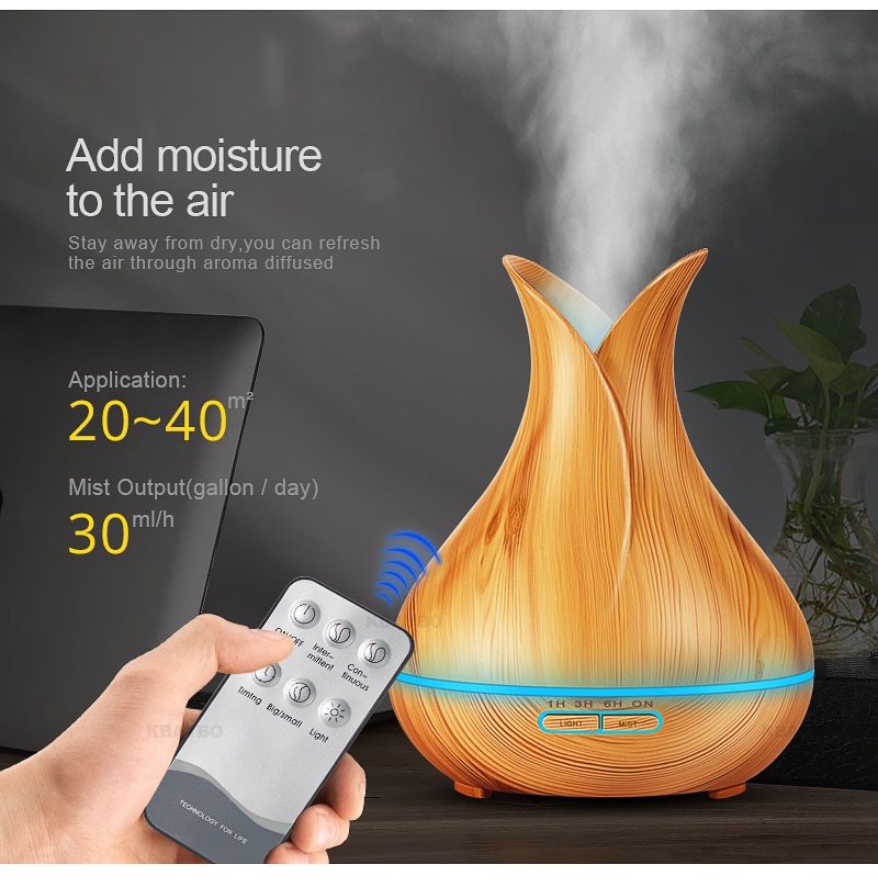 400 ml Ultrasonic Air Humidifier Aroma Essential Oil  Diffuser with Wood Grain 7 Color Changing LED Lights for Office Home