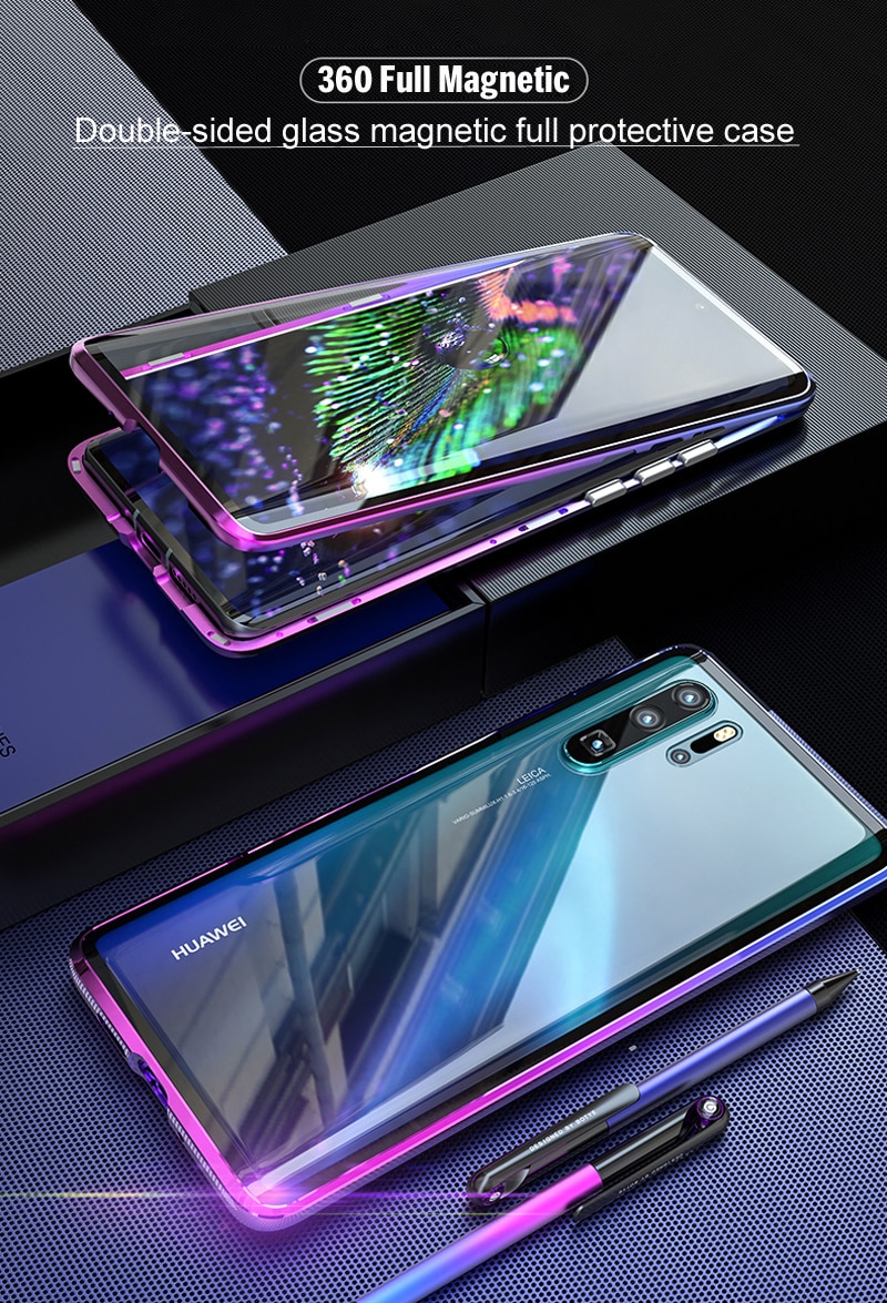 Gradient Metal Magnetic Case For Huawei P30 Pro Mate 20 Pro 360 Full Body Protective Magnets Bumper Double-sided Glass Cover