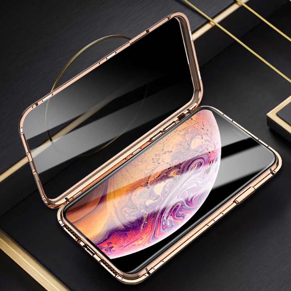 Magnetic Privacy Tempered Glass Magnet Metal Phone Case 360 Full Body Protective Cover For Iphone XS MAX X XR 8 7 Plus